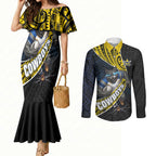 North Queensland Cowboys Rugby Couples Matching Mermaid Dress and Long Sleeve Button Shirt Tribal Polynesian Power Art - Lightning Mascot