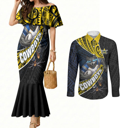 North Queensland Cowboys Rugby Couples Matching Mermaid Dress and Long Sleeve Button Shirt Tribal Polynesian Power Art - Lightning Mascot