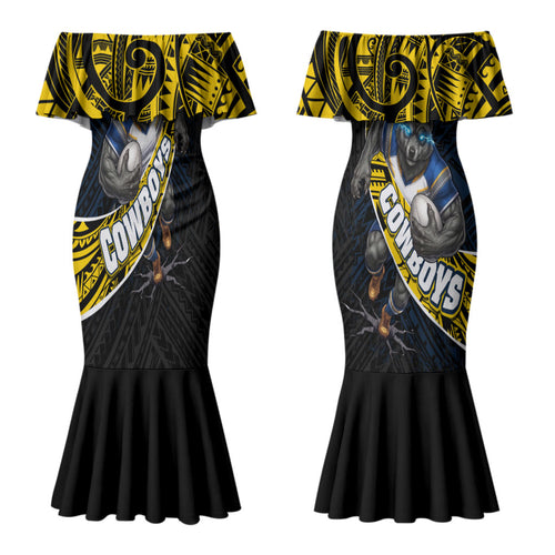 North Queensland Cowboys Rugby Couples Matching Mermaid Dress and Long Sleeve Button Shirt Tribal Polynesian Power Art - Lightning Mascot