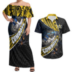 North Queensland Cowboys Rugby Couples Matching Off Shoulder Maxi Dress and Hawaiian Shirt Tribal Polynesian Power Art - Lightning Mascot