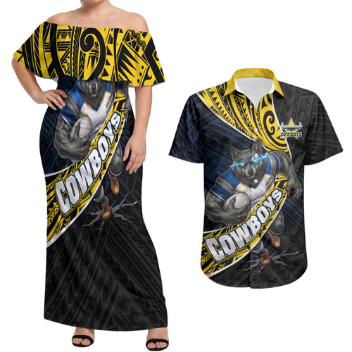 North Queensland Cowboys Rugby Couples Matching Off Shoulder Maxi Dress and Hawaiian Shirt Tribal Polynesian Power Art - Lightning Mascot