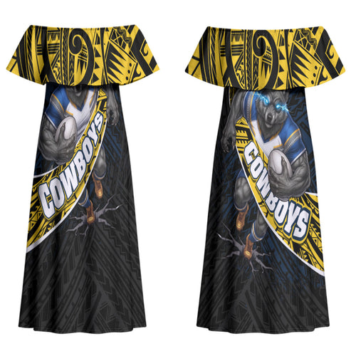 North Queensland Cowboys Rugby Couples Matching Off Shoulder Maxi Dress and Hawaiian Shirt Tribal Polynesian Power Art - Lightning Mascot