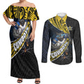 North Queensland Cowboys Rugby Couples Matching Off Shoulder Maxi Dress and Long Sleeve Button Shirt Tribal Polynesian Power Art - Lightning Mascot