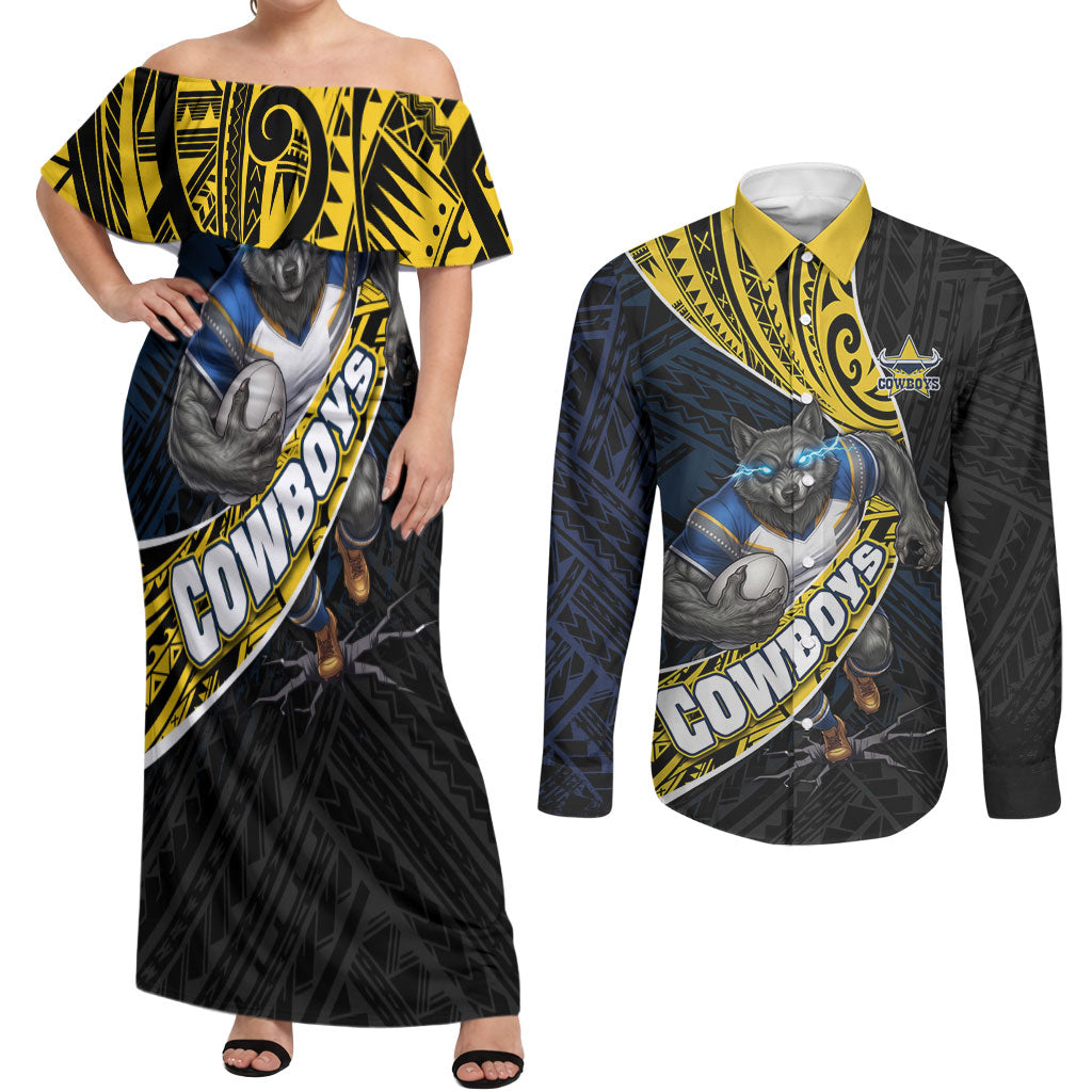 North Queensland Cowboys Rugby Couples Matching Off Shoulder Maxi Dress and Long Sleeve Button Shirt Tribal Polynesian Power Art - Lightning Mascot