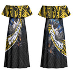 North Queensland Cowboys Rugby Couples Matching Off Shoulder Maxi Dress and Long Sleeve Button Shirt Tribal Polynesian Power Art - Lightning Mascot