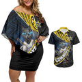 North Queensland Cowboys Rugby Couples Matching Off Shoulder Short Dress and Hawaiian Shirt Tribal Polynesian Power Art - Lightning Mascot