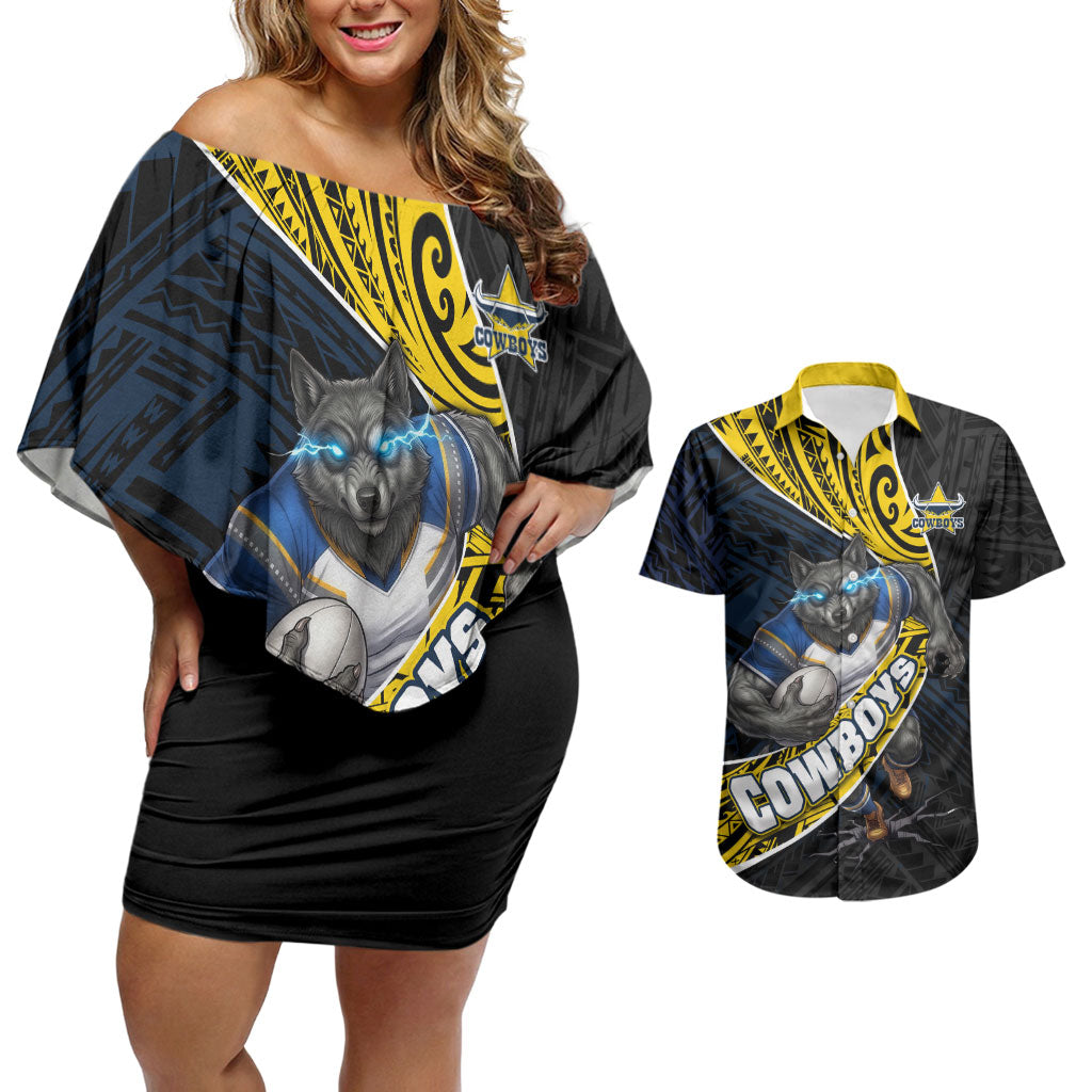 North Queensland Cowboys Rugby Couples Matching Off Shoulder Short Dress and Hawaiian Shirt Tribal Polynesian Power Art - Lightning Mascot