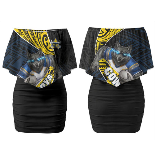 North Queensland Cowboys Rugby Couples Matching Off Shoulder Short Dress and Hawaiian Shirt Tribal Polynesian Power Art - Lightning Mascot