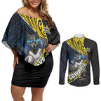 North Queensland Cowboys Rugby Couples Matching Off Shoulder Short Dress and Long Sleeve Button Shirt Tribal Polynesian Power Art - Lightning Mascot