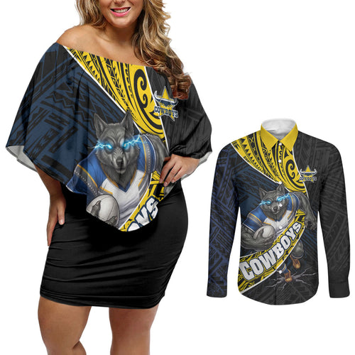 North Queensland Cowboys Rugby Couples Matching Off Shoulder Short Dress and Long Sleeve Button Shirt Tribal Polynesian Power Art - Lightning Mascot