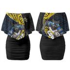 North Queensland Cowboys Rugby Couples Matching Off Shoulder Short Dress and Long Sleeve Button Shirt Tribal Polynesian Power Art - Lightning Mascot