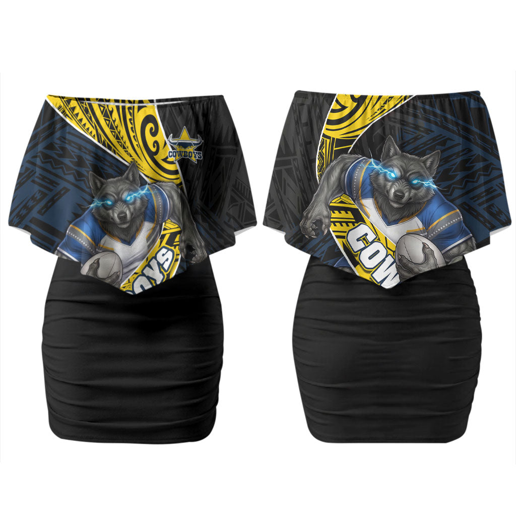 North Queensland Cowboys Rugby Couples Matching Off Shoulder Short Dress and Long Sleeve Button Shirt Tribal Polynesian Power Art - Lightning Mascot