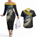 North Queensland Cowboys Rugby Couples Matching Off The Shoulder Long Sleeve Dress and Hawaiian Shirt Tribal Polynesian Power Art - Lightning Mascot