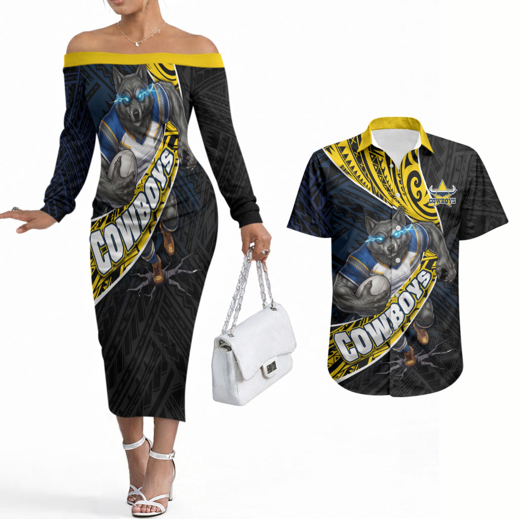 North Queensland Cowboys Rugby Couples Matching Off The Shoulder Long Sleeve Dress and Hawaiian Shirt Tribal Polynesian Power Art - Lightning Mascot