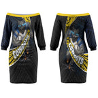 North Queensland Cowboys Rugby Couples Matching Off The Shoulder Long Sleeve Dress and Hawaiian Shirt Tribal Polynesian Power Art - Lightning Mascot