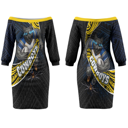North Queensland Cowboys Rugby Couples Matching Off The Shoulder Long Sleeve Dress and Hawaiian Shirt Tribal Polynesian Power Art - Lightning Mascot