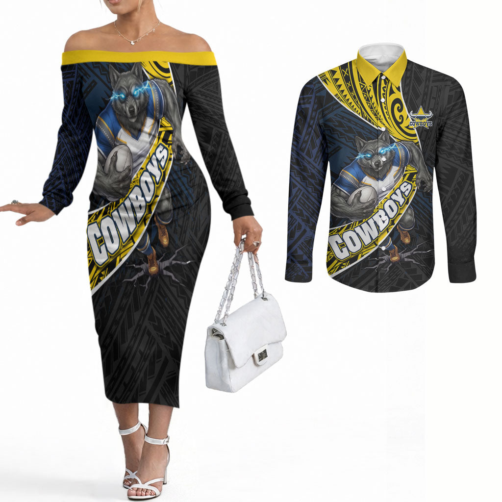 North Queensland Cowboys Rugby Couples Matching Off The Shoulder Long Sleeve Dress and Long Sleeve Button Shirt Tribal Polynesian Power Art - Lightning Mascot