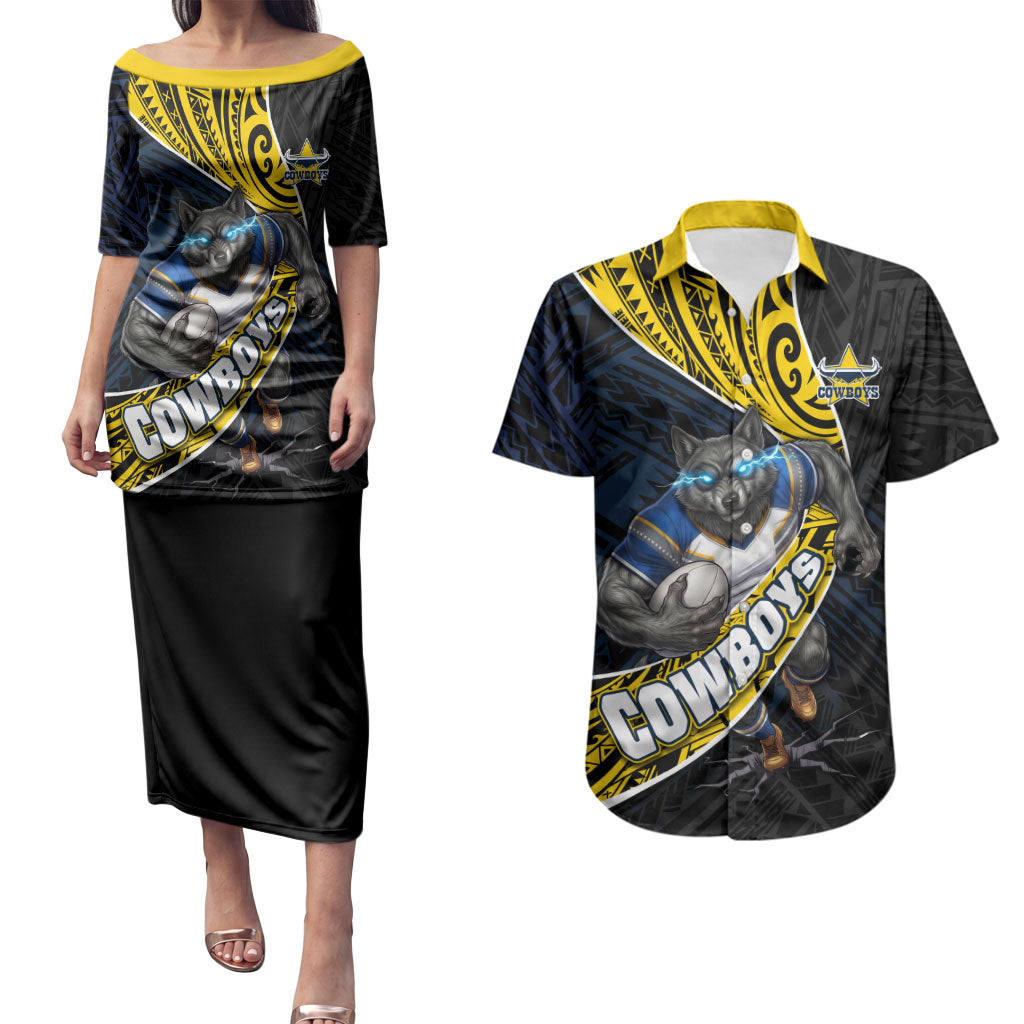 North Queensland Cowboys Rugby Couples Matching Puletasi and Hawaiian Shirt Tribal Polynesian Power Art - Lightning Mascot