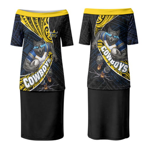 North Queensland Cowboys Rugby Couples Matching Puletasi and Hawaiian Shirt Tribal Polynesian Power Art - Lightning Mascot