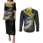 North Queensland Cowboys Rugby Couples Matching Puletasi and Long Sleeve Button Shirt Tribal Polynesian Power Art - Lightning Mascot