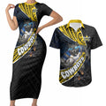 North Queensland Cowboys Rugby Couples Matching Short Sleeve Bodycon Dress and Hawaiian Shirt Tribal Polynesian Power Art - Lightning Mascot
