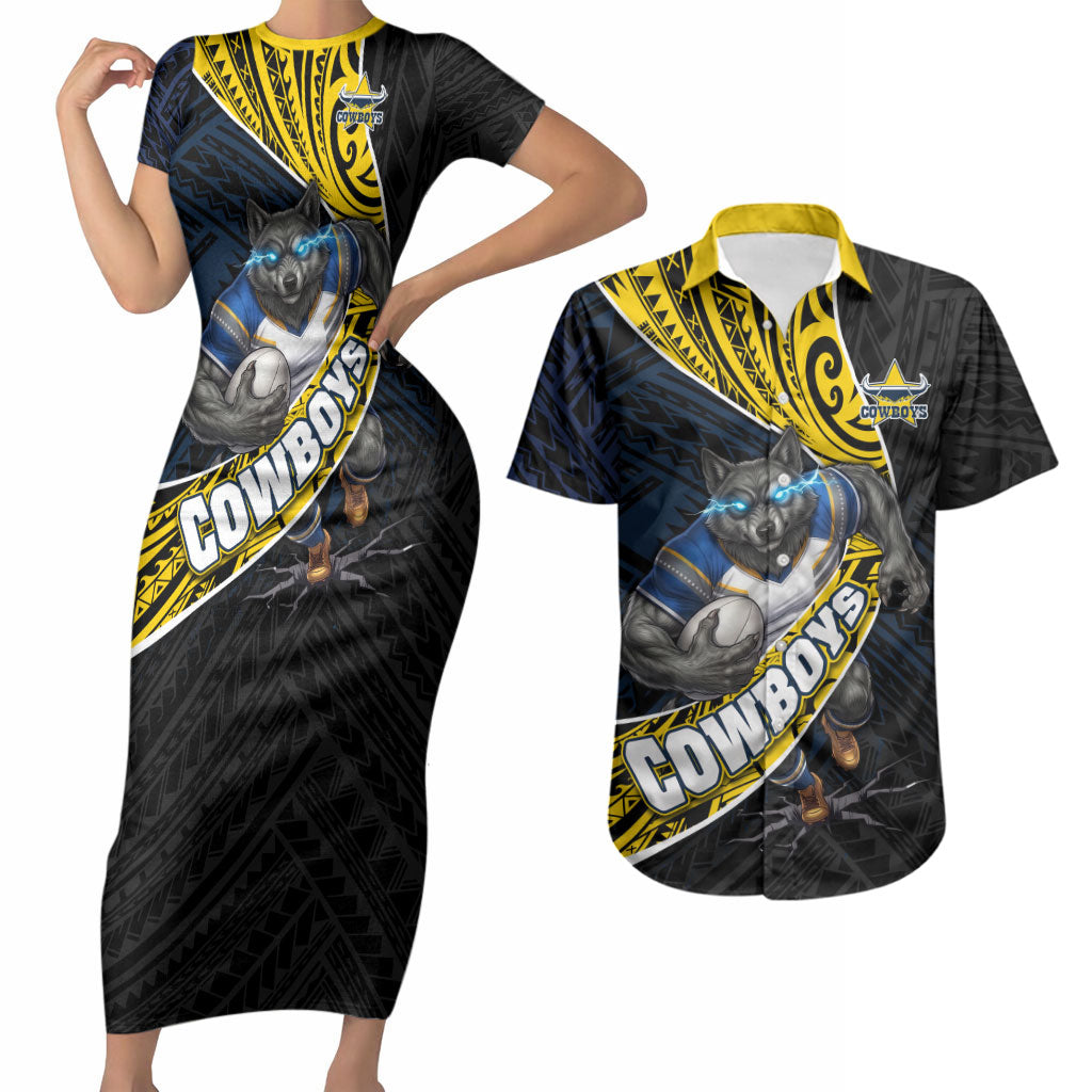 North Queensland Cowboys Rugby Couples Matching Short Sleeve Bodycon Dress and Hawaiian Shirt Tribal Polynesian Power Art - Lightning Mascot