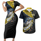 North Queensland Cowboys Rugby Couples Matching Short Sleeve Bodycon Dress and Hawaiian Shirt Tribal Polynesian Power Art - Lightning Mascot