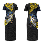 North Queensland Cowboys Rugby Couples Matching Short Sleeve Bodycon Dress and Hawaiian Shirt Tribal Polynesian Power Art - Lightning Mascot
