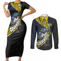 North Queensland Cowboys Rugby Couples Matching Short Sleeve Bodycon Dress and Long Sleeve Button Shirt Tribal Polynesian Power Art - Lightning Mascot