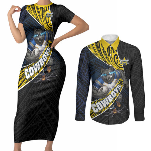North Queensland Cowboys Rugby Couples Matching Short Sleeve Bodycon Dress and Long Sleeve Button Shirt Tribal Polynesian Power Art - Lightning Mascot