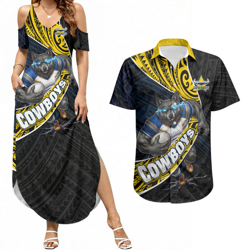 North Queensland Cowboys Rugby Couples Matching Summer Maxi Dress and Hawaiian Shirt Tribal Polynesian Power Art - Lightning Mascot