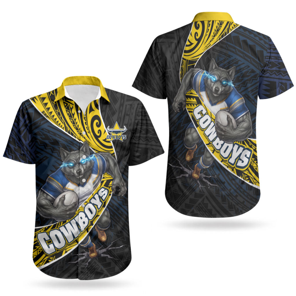 North Queensland Cowboys Rugby Couples Matching Summer Maxi Dress and Hawaiian Shirt Tribal Polynesian Power Art - Lightning Mascot