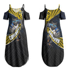 North Queensland Cowboys Rugby Couples Matching Summer Maxi Dress and Hawaiian Shirt Tribal Polynesian Power Art - Lightning Mascot