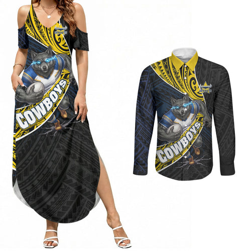 North Queensland Cowboys Rugby Couples Matching Summer Maxi Dress and Long Sleeve Button Shirt Tribal Polynesian Power Art - Lightning Mascot
