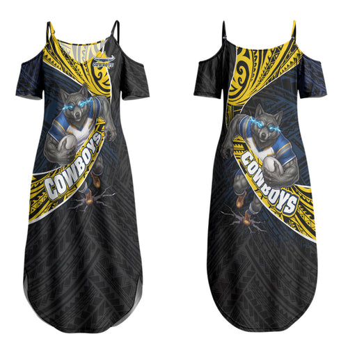 North Queensland Cowboys Rugby Couples Matching Summer Maxi Dress and Long Sleeve Button Shirt Tribal Polynesian Power Art - Lightning Mascot