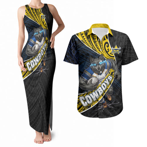 North Queensland Cowboys Rugby Couples Matching Tank Maxi Dress and Hawaiian Shirt Tribal Polynesian Power Art - Lightning Mascot