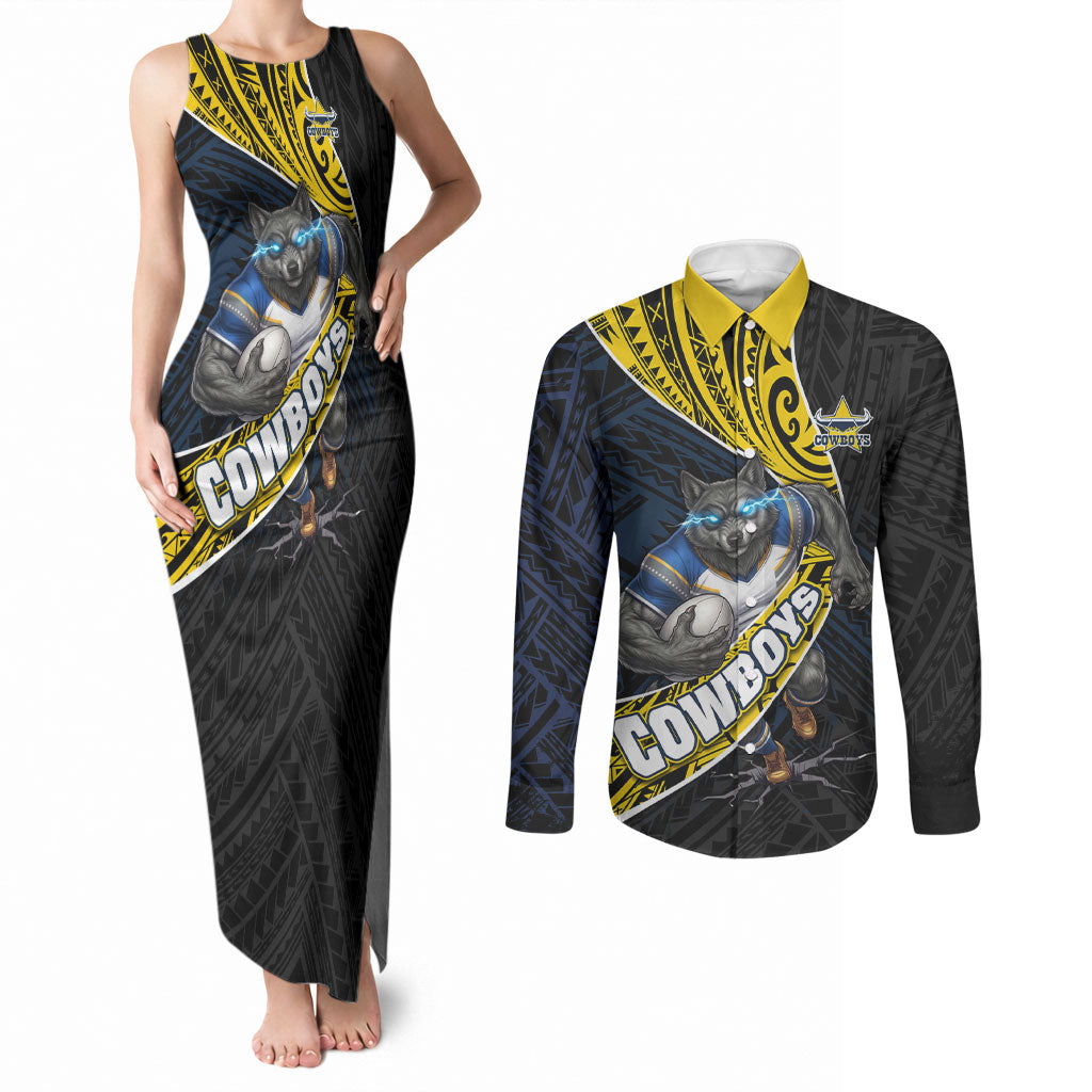 North Queensland Cowboys Rugby Couples Matching Tank Maxi Dress and Long Sleeve Button Shirt Tribal Polynesian Power Art - Lightning Mascot