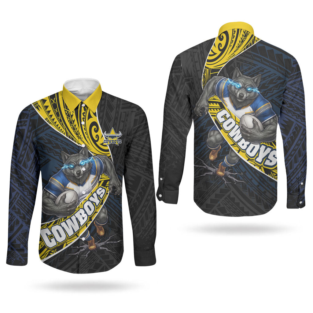 North Queensland Cowboys Rugby Couples Matching Tank Maxi Dress and Long Sleeve Button Shirt Tribal Polynesian Power Art - Lightning Mascot