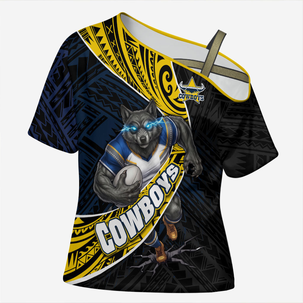 North Queensland Cowboys Rugby Cross Shoulder Shirt Tribal Polynesian Power Art - Lightning Mascot