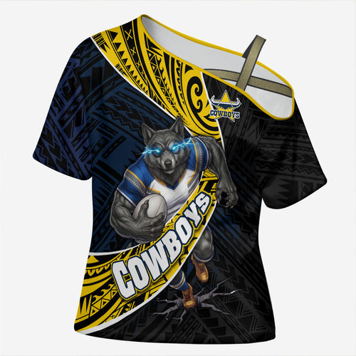 North Queensland Cowboys Rugby Cross Shoulder Shirt Tribal Polynesian Power Art - Lightning Mascot