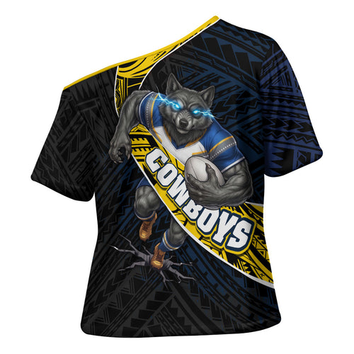North Queensland Cowboys Rugby Cross Shoulder Shirt Tribal Polynesian Power Art - Lightning Mascot