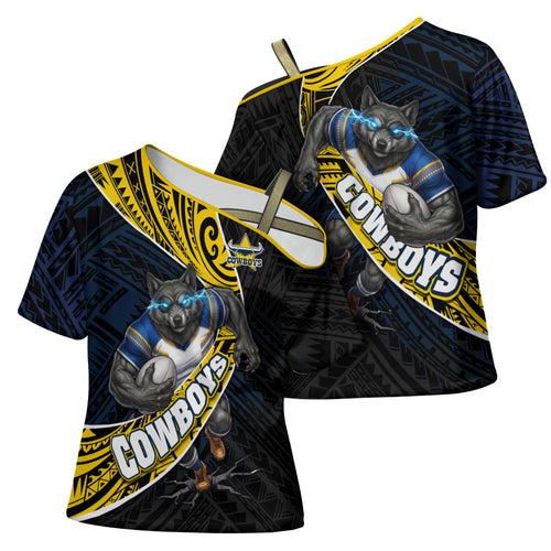 North Queensland Cowboys Rugby Cross Shoulder Shirt Tribal Polynesian Power Art - Lightning Mascot