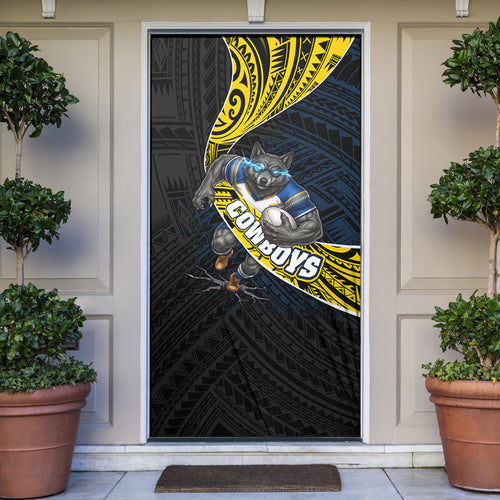 North Queensland Cowboys Rugby Door Cover Tribal Polynesian Power Art - Lightning Mascot