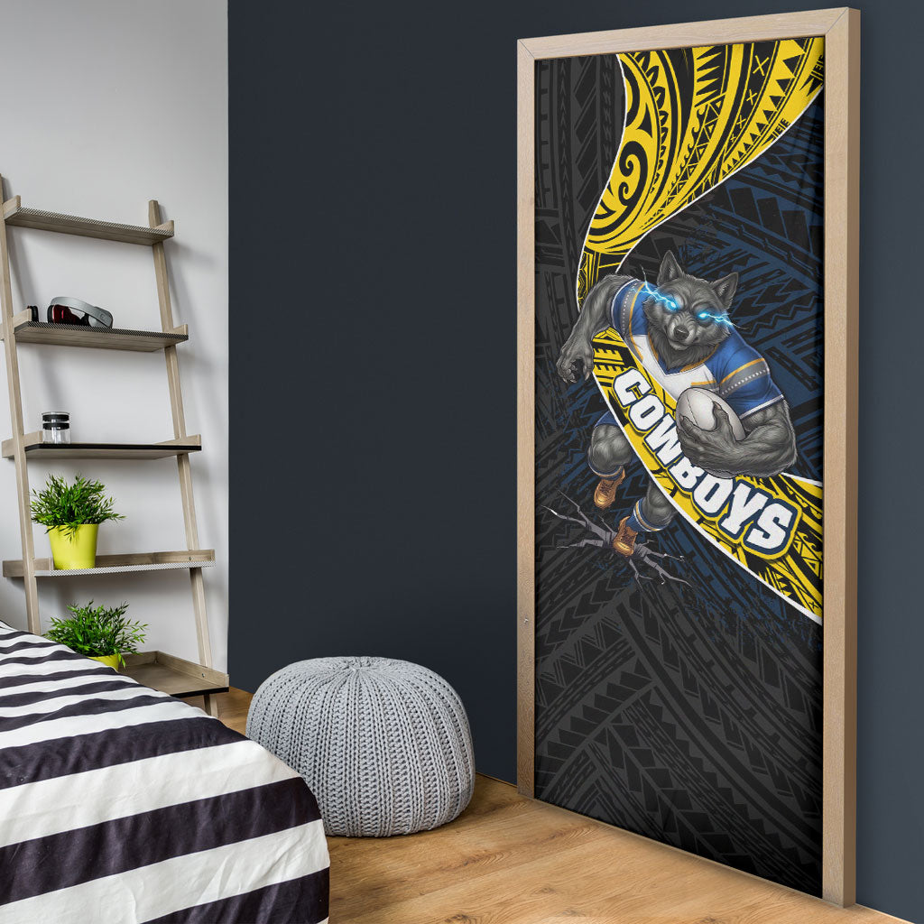 North Queensland Cowboys Rugby Door Cover Tribal Polynesian Power Art - Lightning Mascot