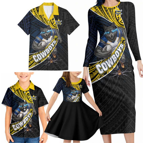 North Queensland Cowboys Rugby Family Matching Long Sleeve Bodycon Dress and Hawaiian Shirt Tribal Polynesian Power Art - Lightning Mascot