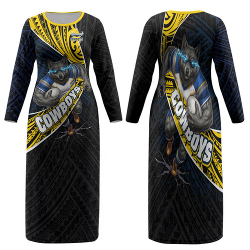 North Queensland Cowboys Rugby Family Matching Long Sleeve Bodycon Dress and Hawaiian Shirt Tribal Polynesian Power Art - Lightning Mascot