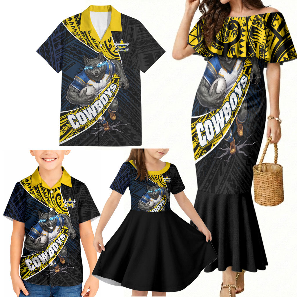 North Queensland Cowboys Rugby Family Matching Mermaid Dress and Hawaiian Shirt Tribal Polynesian Power Art - Lightning Mascot