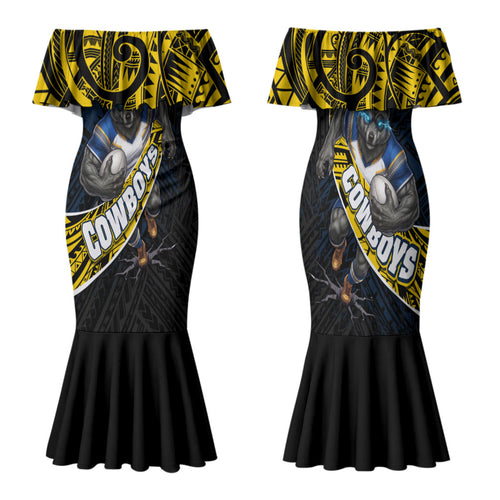 North Queensland Cowboys Rugby Family Matching Mermaid Dress and Hawaiian Shirt Tribal Polynesian Power Art - Lightning Mascot