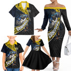 North Queensland Cowboys Rugby Family Matching Off The Shoulder Long Sleeve Dress and Hawaiian Shirt Tribal Polynesian Power Art - Lightning Mascot