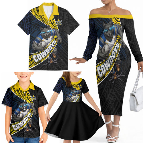 North Queensland Cowboys Rugby Family Matching Off The Shoulder Long Sleeve Dress and Hawaiian Shirt Tribal Polynesian Power Art - Lightning Mascot